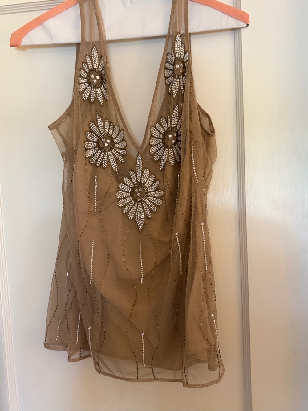 Tracy Reese silk Embellished Sheer Floral Tank top in Tan EUC 6 festival